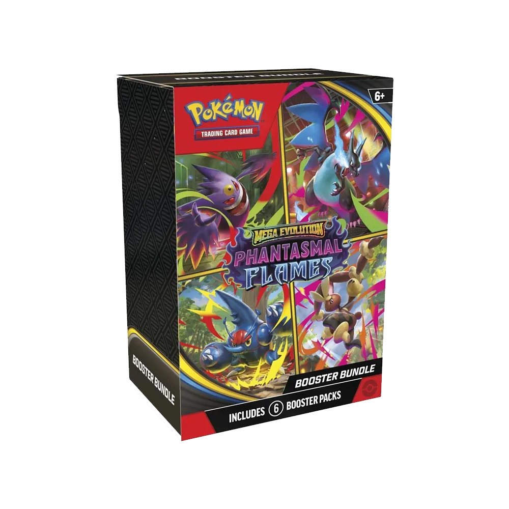 Pokémon Mega Evolution Phantasmal flames booster bundle packaging on a white background