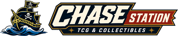 Chase Station TCG & Collectibles logo featuring a pirate ship illustration on the left and the brand name in large white, black, and red lettering on the right.